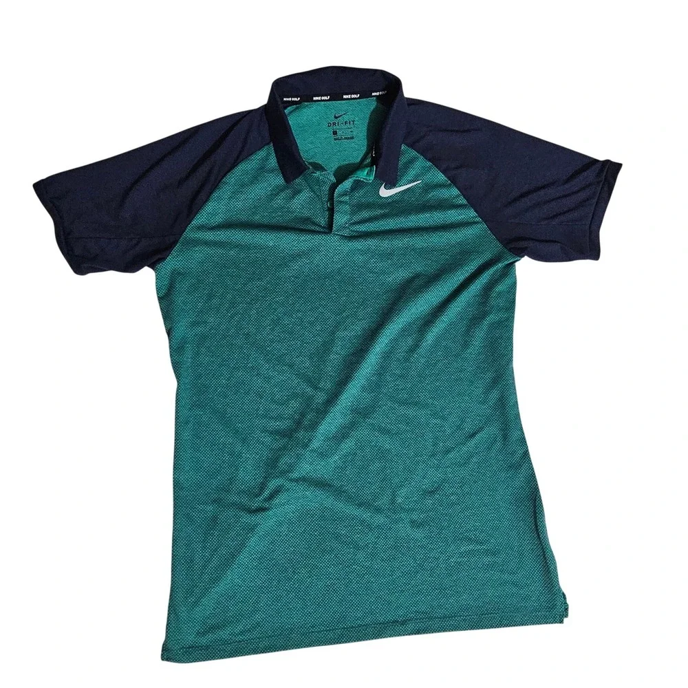 Nike Golf Dri-FIT Polo Shirt Mens Large Teal Navy Blue Raglan Short Sleeve Sport